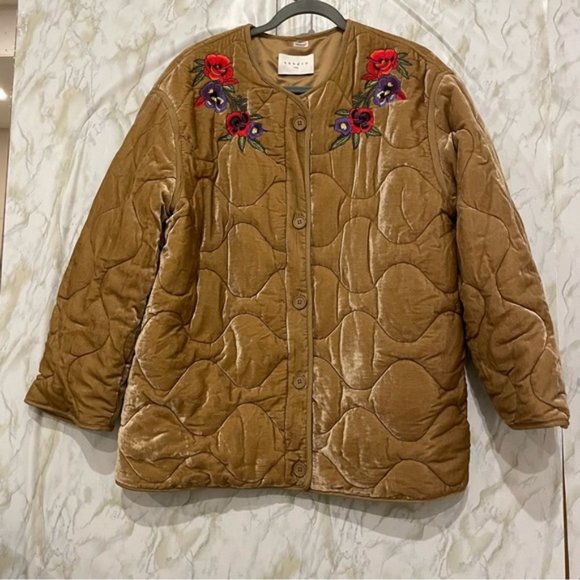 Sandro Paris quilted Riva velvet jacket hood embroidered flowers 2 medium luxury - Picture 2 of 11